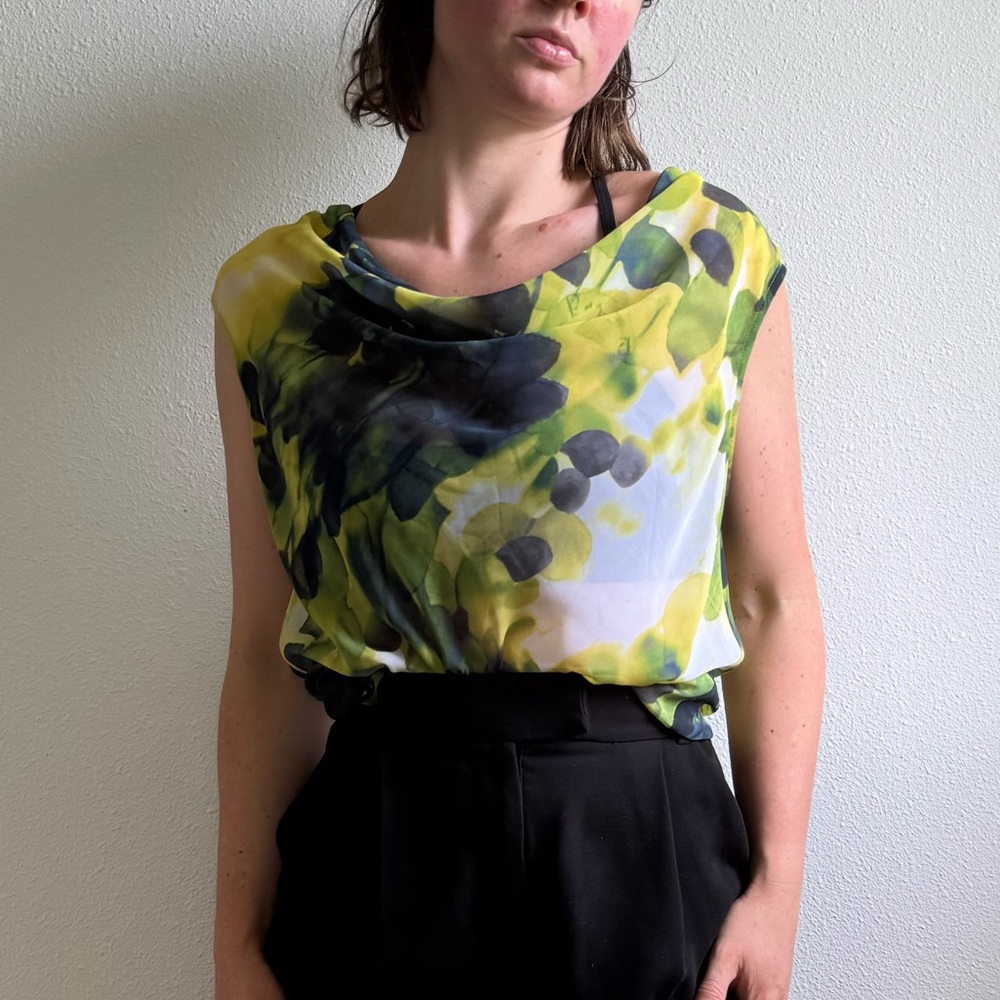 Jones New York Abstract Green, Blue, White and Black Tank Top Sheer Blouse 12